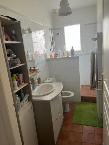 une salle de bain avec un lavabo et des toilettes dans l'établissement Maison 4p, vue Monts du lyonnais, à Grézieu-la-Varenne