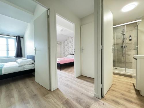 une chambre avec un lit et une douche à l'italienne dans l'établissement Escapade Confortable à Riom - 14 Couchages!, à Riom