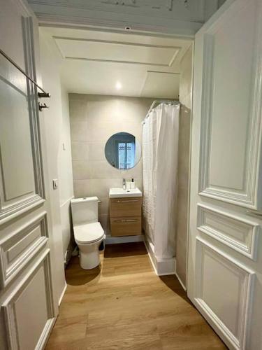 une salle de bain avec toilettes, lavabo et miroir dans l'établissement Le Boudoir - Proche Paris - 20MC, à Chatou