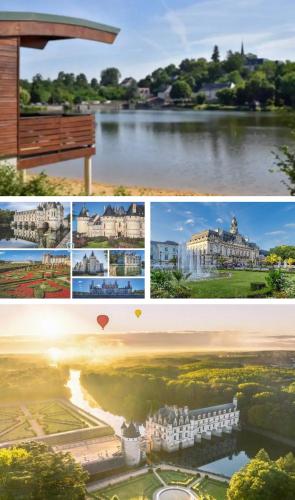 a collage of pictures of buildings and a lake at Au Gré des Souvenirs, gite 4 à 10 pers, clim, jacuzzi, loisirs in Château-la-Vallière