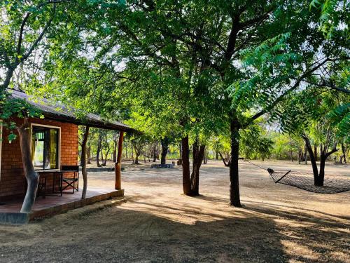 a building with a bench next to some trees at Funky Leopard Safari Lodge Bordering Yala National Park in Kataragama