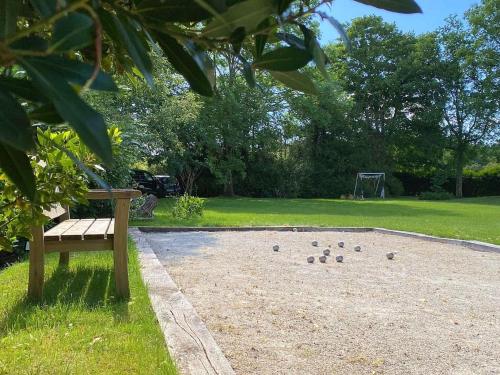 a group of birds sitting on the ground next to a bench at La Corti in Tillières-sur-Avre