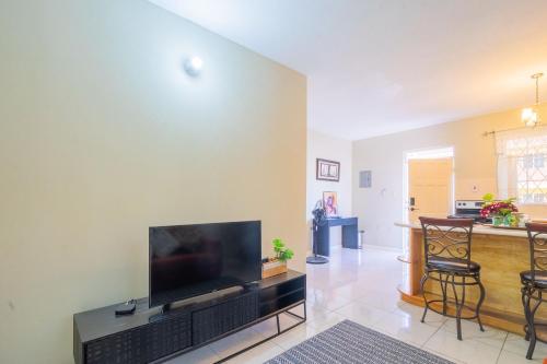 a living room with a flat screen tv and a bar at Musgrave AnneX- comfy 1 bedroom apartments in Kingston