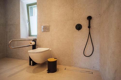 a bathroom with a shower and a toilet in it at Kallis Stone Houses in Areopolis