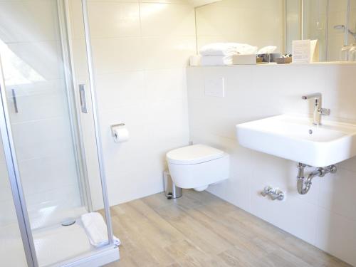 a bathroom with a toilet and a sink and a shower at Hotel Restaurant "Zur Post" in Holdorf
