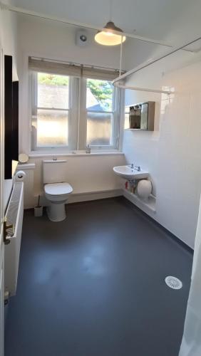 a bathroom with a toilet and a sink and a window at Spacious 2 bedroom apartment in Taunton