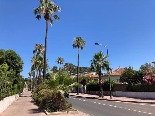 a street with palm trees on the side of a road at Nid Douillet à Hyères in Hyères