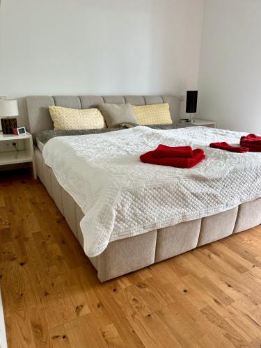 a large bed with two red pillows on it at Wohnung am Wald in Geisa
