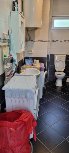 a hospital room with a sink and a toilet at Milan Apartman in Podgorica