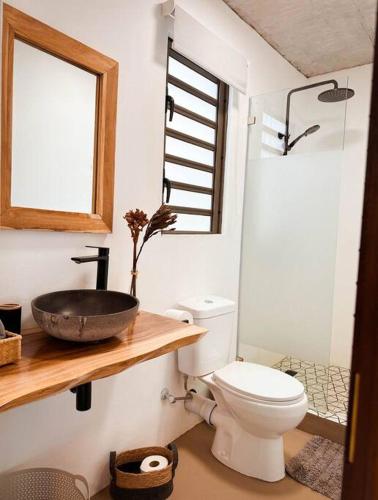 a bathroom with a sink and a toilet at Cosy Studio 71 in Petite Case Noyale