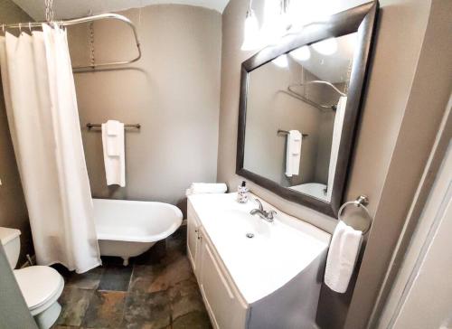 a bathroom with a sink and a toilet and a mirror at Stylish King Bed, 2BDRM, 1 Mile to DTWN, Game Room in Cleveland