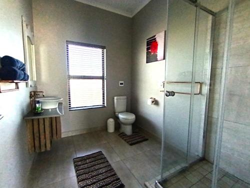 a bathroom with a shower and a toilet and a sink at Silver Oaks Airbnb in Langebaan