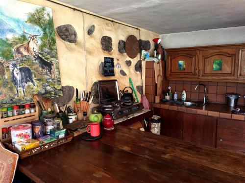 a kitchen with a wooden table and a painting on the wall at Rivendell Eco lodge in El Paso
