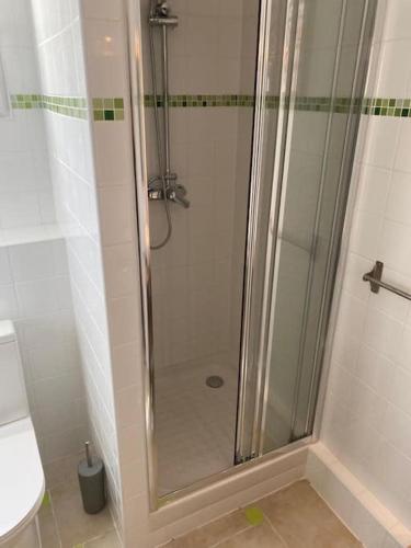 une douche avec une porte vitrée dans une salle de bain dans l'établissement Charming Apartment Gacé II 4P, à Gacé