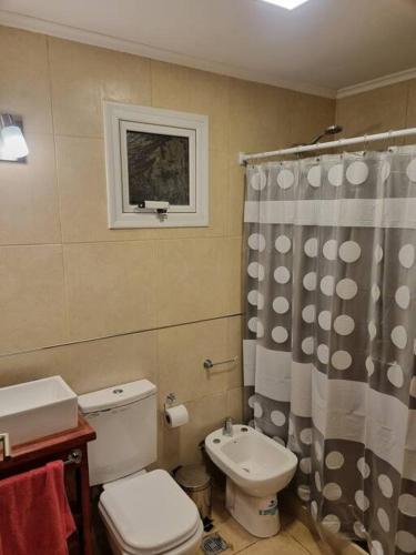 a bathroom with a toilet and a shower curtain at La Tranquera - Cabaña Cálida y Versátil in Trevelin