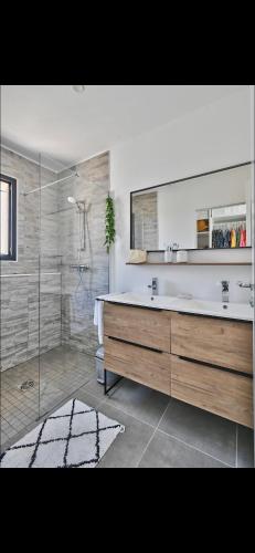 La salle de bains est pourvue d'un grand lavabo et d'une douche. dans l'établissement Maison individuelle, à Combaillaux