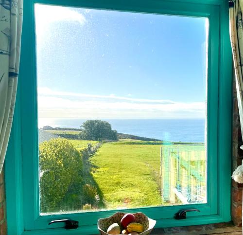 a bowl of fruit in a window with a view at DRIFTWOOD - Super 1 Bedroom Home with Sea Views in Saint Levan