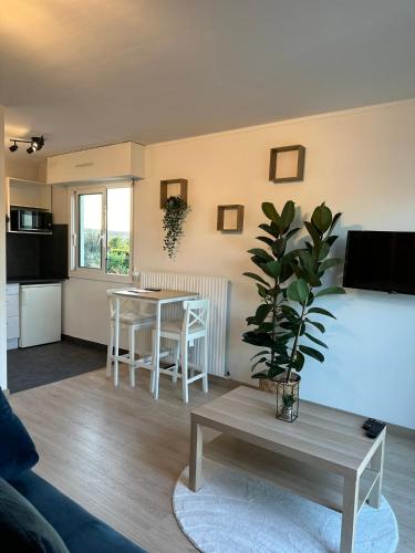 un salon avec une table et un salon dans l'établissement Joli studio Vernon Giverny, à Vernon