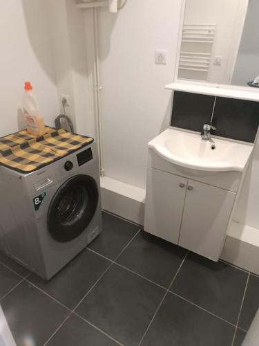 une salle de bain avec une machine à laver et un lavabo dans l'établissement appartement gare Montluçon, à Montluçon
