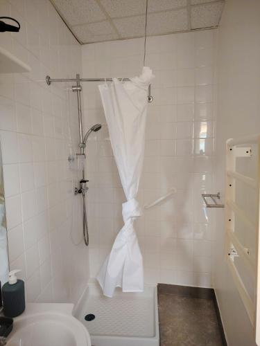 une salle de bain avec une douche avec des toilettes et un lavabo dans l'établissement Studio N2 Appartement Hôtel Combes, à Amélie-les-Bains-Palalda