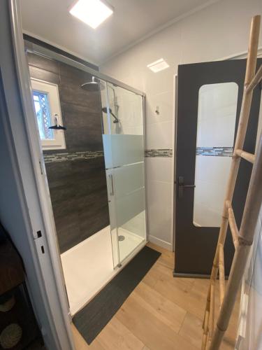 a walk in shower in a bathroom with a glass door at Maison la Londe in La Londe-les-Maures
