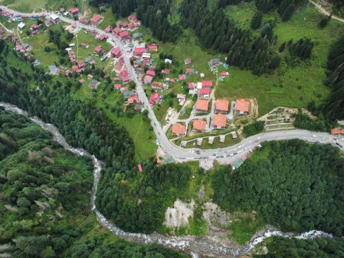 an aerial view of a village on a mountain at Ayder Altıparmak Suit in Ayder Yaylasi