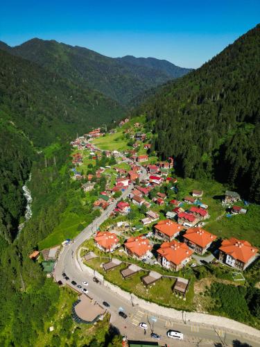 an aerial view of a resort in the mountains at Ayder Altıparmak Suit in Ayder Yaylasi
