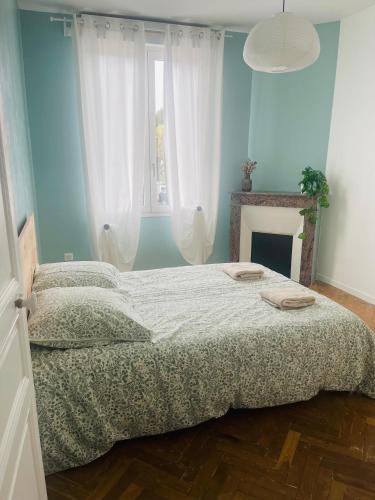 une chambre bleue avec un lit et une cheminée dans l'établissement Grand T3 très lumineux, à 2min à pied de la gare, à Mont-de-Marsan