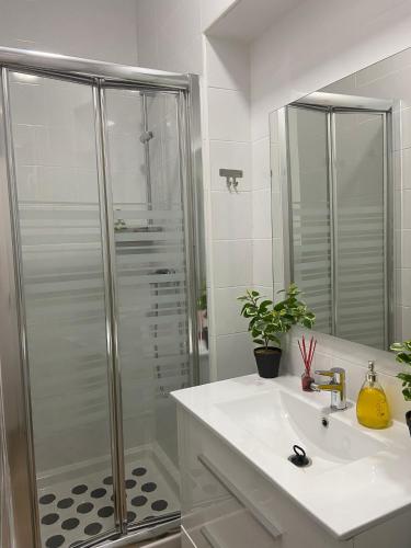 a white bathroom with a shower and a sink at C-MAyOR 2 personas in Alcalá de Henares