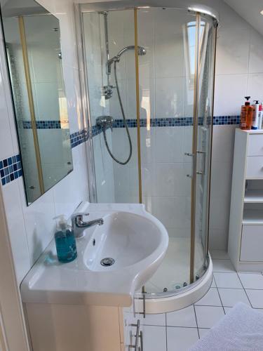 un baño con lavabo y ducha en Broadhaven Bay View Private House, en Belmullet