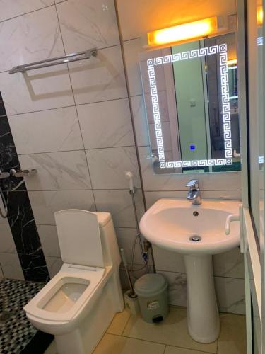 a bathroom with a sink and a toilet and a mirror at Matcheu Palace Hôtel in Djoungolo