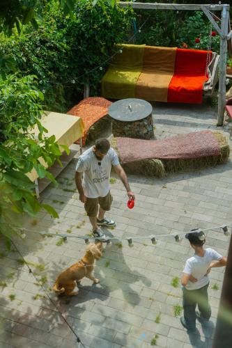 a man walking a dog and a man holding a red frisbee at The Forgotten Kingdom in Lchashen