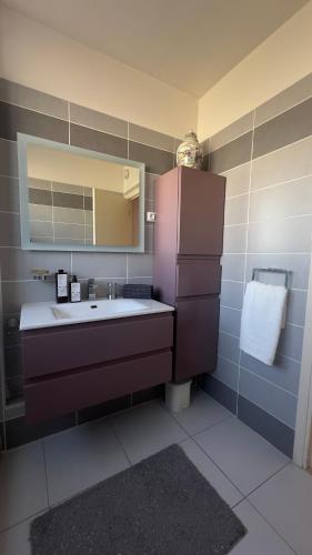 La salle de bains est pourvue d'un évier et d'un réfrigérateur rose. dans l'établissement Le Clair Horizon-YourHostHelper, à La Grande Motte