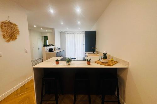 - une cuisine avec une grande île au milieu d'une pièce dans l'établissement La Villa des Platanes Parking Terrasse- WIFI, à Perpignan