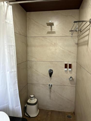 a bathroom with a shower with a toilet in it at Sunny Executive in Satara