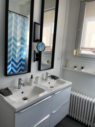 une salle de bain avec un lavabo blanc et un miroir dans l'établissement Le cinquante-deux appartement de Charme, à Reims