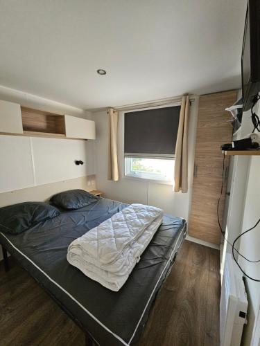 une chambre avec un lit dans une pièce avec une fenêtre dans l'établissement Location mobil-home le bois dormant, à Saint-Jean-de-Monts