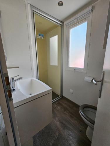 une salle de bain avec un lavabo et des toilettes et une fenêtre dans l'établissement Location mobil-home le bois dormant, à Saint-Jean-de-Monts