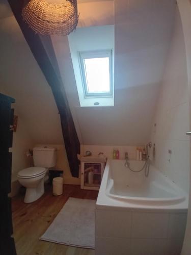 a bathroom with a tub and a toilet and a window at CHEZ ISA chambre chez l'habitant Emma in Montlouis-sur-Loire