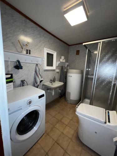 ein Badezimmer mit Waschmaschine und Toilette in der Unterkunft Haukedalen mountain panorama river view in Holsen