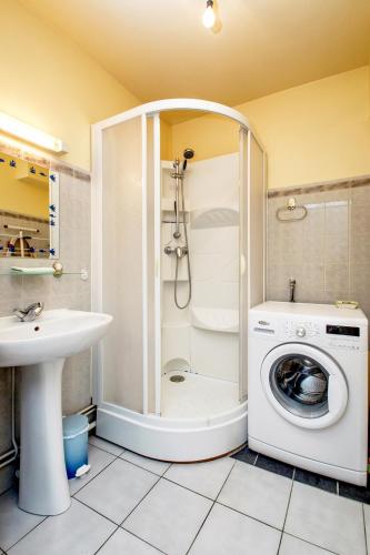 une salle de bain avec une machine à laver et un lavabo dans l'établissement Rêves de marins T3 avec parking privé en hyper centre, à Roscoff
