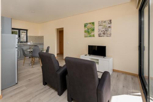 a living room with two chairs and a television at T1 Panorâmico Ermida in Vilar da Veiga