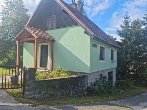 a green and white house with a black roof at FoRest Chalet in Zalesina