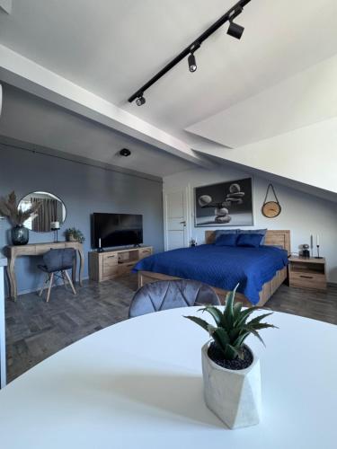 a bedroom with a blue bed and a tv at APARTAMENTY CENTRUM in Kostrzyn nad Odrą