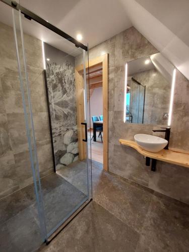 a bathroom with a glass shower and a sink at Willa Maciejka in Trybsz