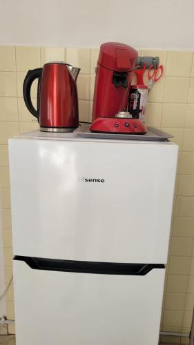 un appareil rouge assis au-dessus d'un réfrigérateur blanc dans l'établissement La plage à vos pieds, magnifique vue sur Ajaccio, pour 2 personnes, à Ajaccio