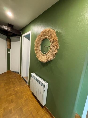 a room with a green wall with a mirror and a radiator at Jungle Cosy in Louviers