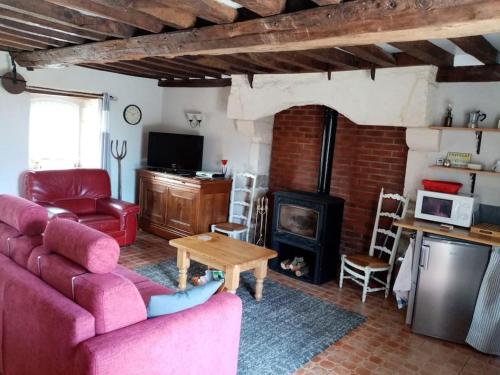 un salon avec un canapé et une cheminée dans l'établissement Gîte de la forge, à Giel