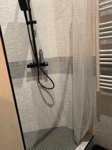 une douche avec un rideau de douche dans une salle de bain dans l'établissement Chalet Atypique VUE Piscine Chauffée, à Gujan-Mestras