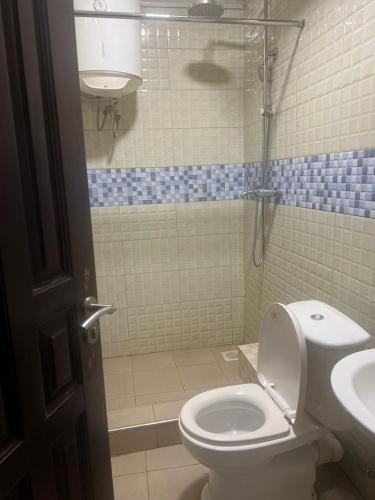 a bathroom with a shower and a toilet and a sink at Royal Hotel Apartments in Kampala